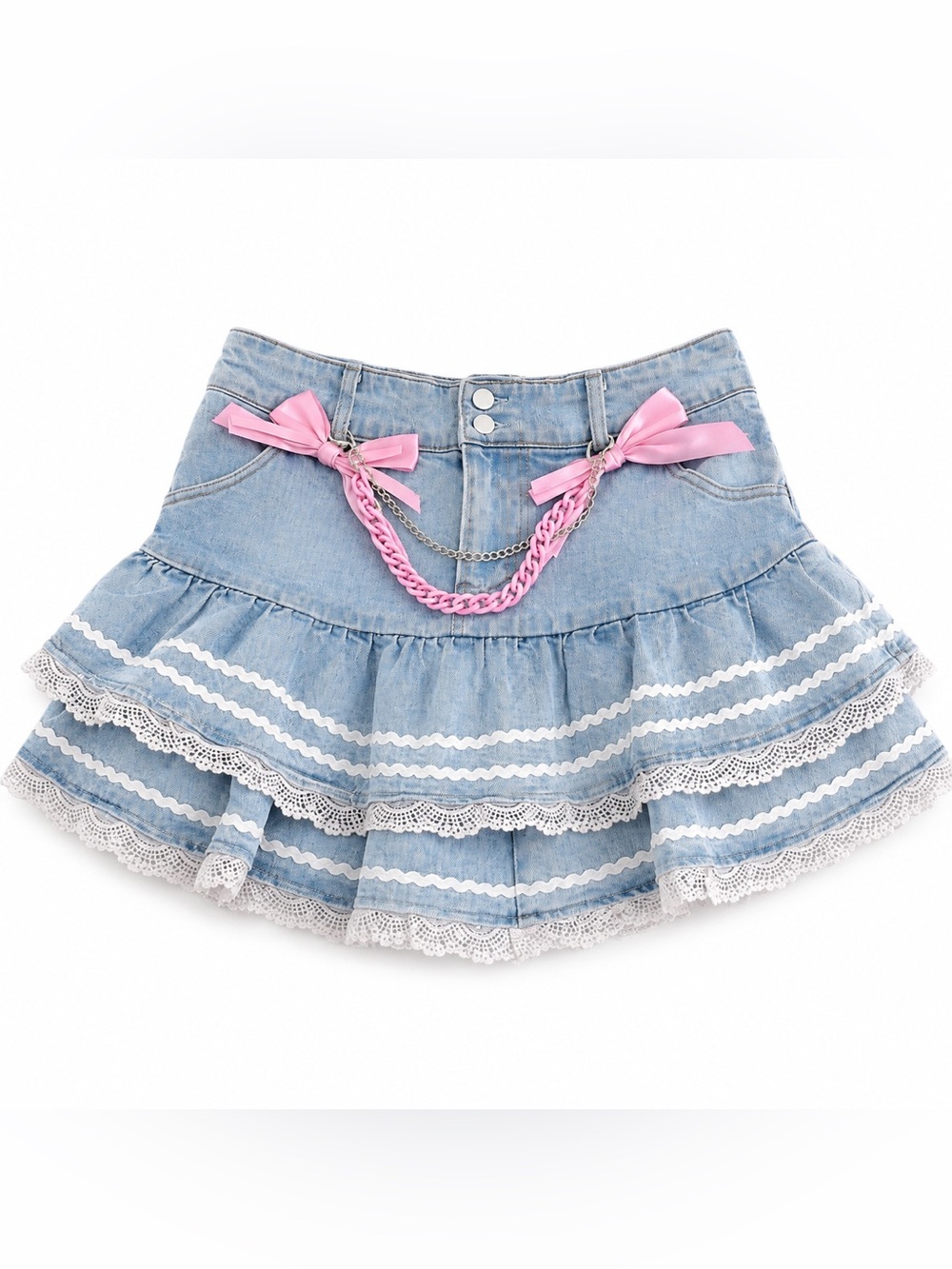 NWT Hot Topic Sweet Society Denim Ruffle Mini Skirt Pink Bow Chain Size SM